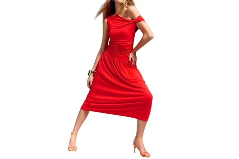 strapless open back dress Red Cotton Ruffle Midi Dress – Mint Velvet main image 0