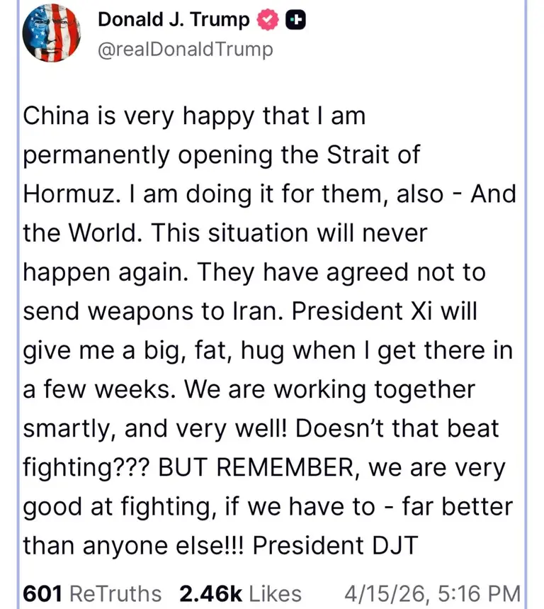 Trump says he is 'permanently' opening Strait of Hormuz after China ...