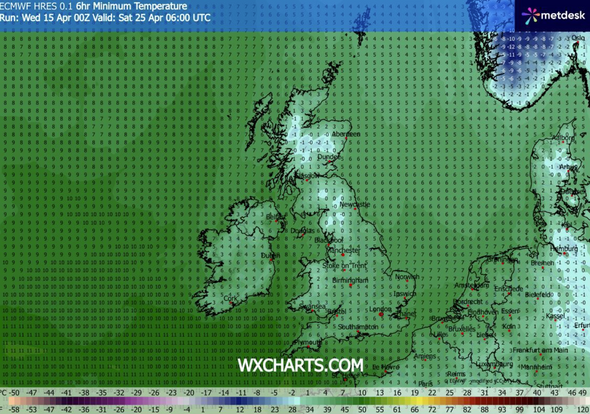 UK weather maps turn icy blue as -2C April freeze to hit 19 areas