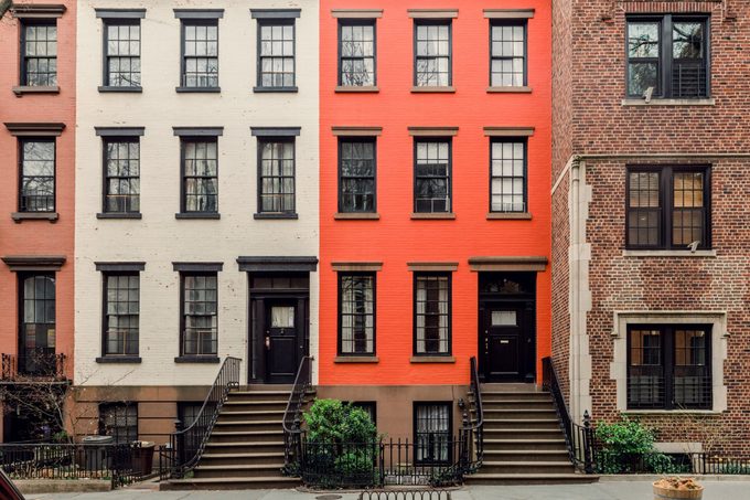 Brownstone facades & row houses in an iconic neighborhood of Brooklyn Heights in New York City
