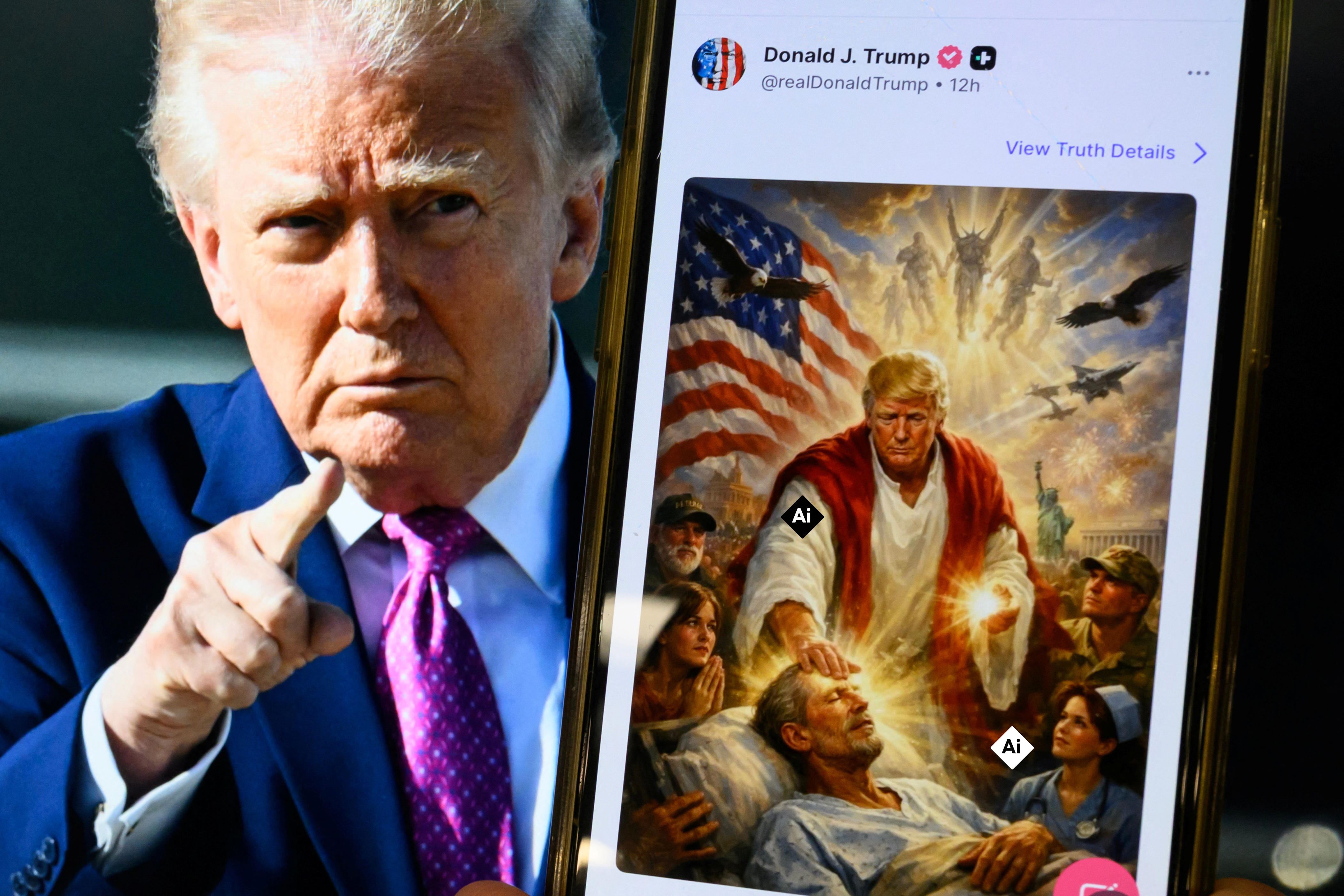 This photo illustration created on April 13, 2026 shows a picture of US President Donald Trump on a screen and an AI-generated picture he posted on his Truth Social platform depicting himself as Jesus Christ after criticizing Pope Leo XIV. Trump later posted an AI-generated image seemingly depicting himself as Jesus Christ. In the image, the president appears dressed in red and white robes as he cures a man with his healing hand. The American flag is shown over his shoulder. Trump and the White House have previously shared AI-generated images, including one that showed the president dressed as the pope.