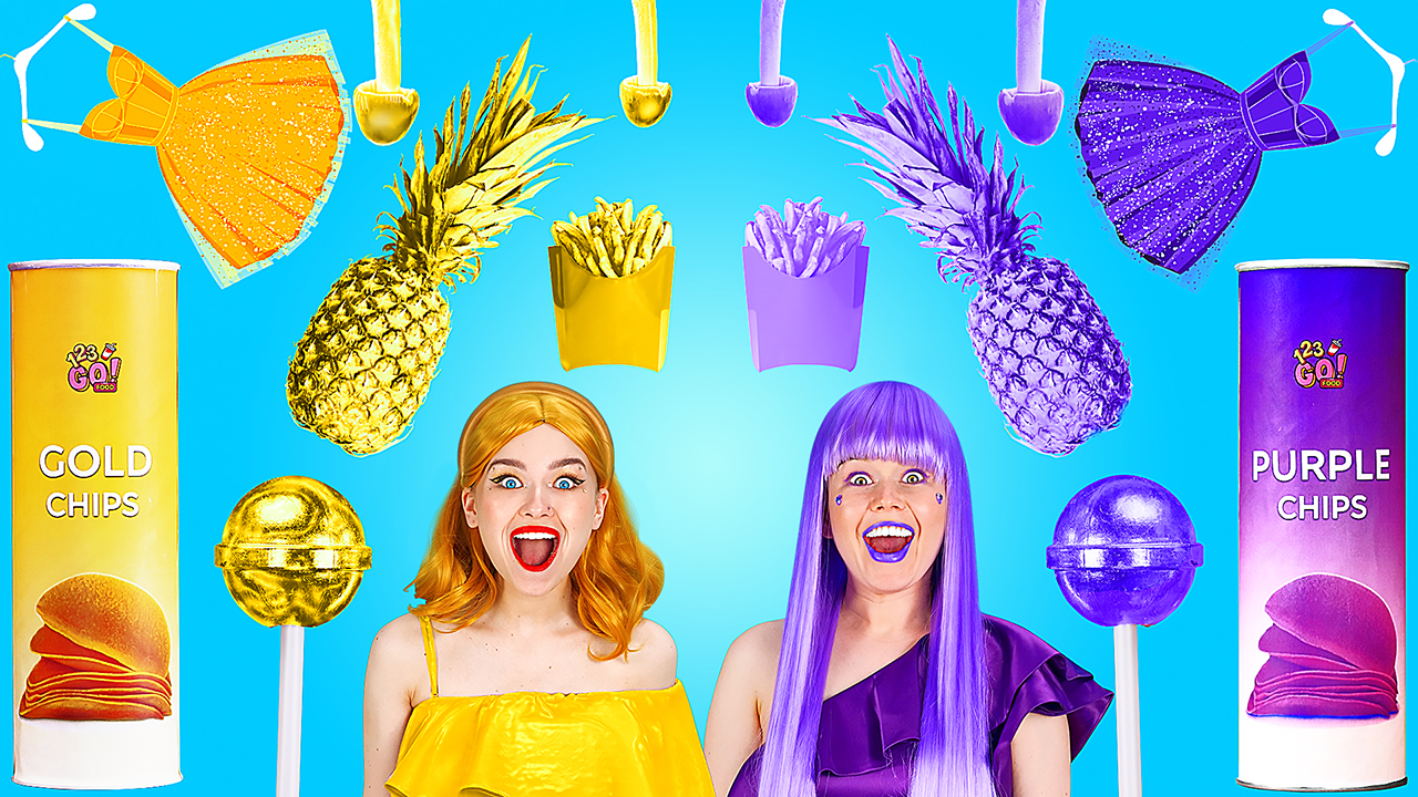 Colorful food challenge: 24 hours of purple vs gold delights