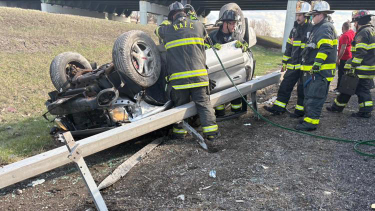 Fire crews rescue trapped person after rollover Thruway crash