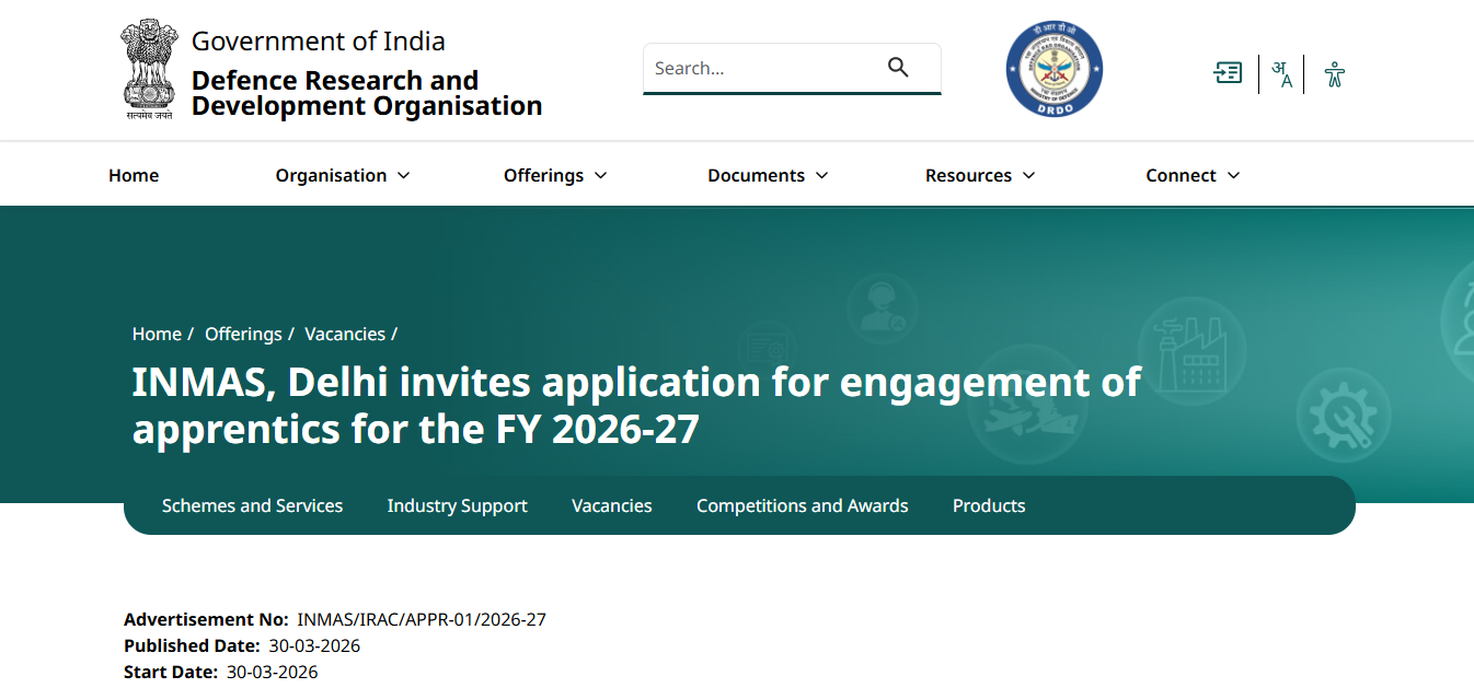 DRDO INMAS apprentice recruitment 2026: Apply for graduate, diploma ...