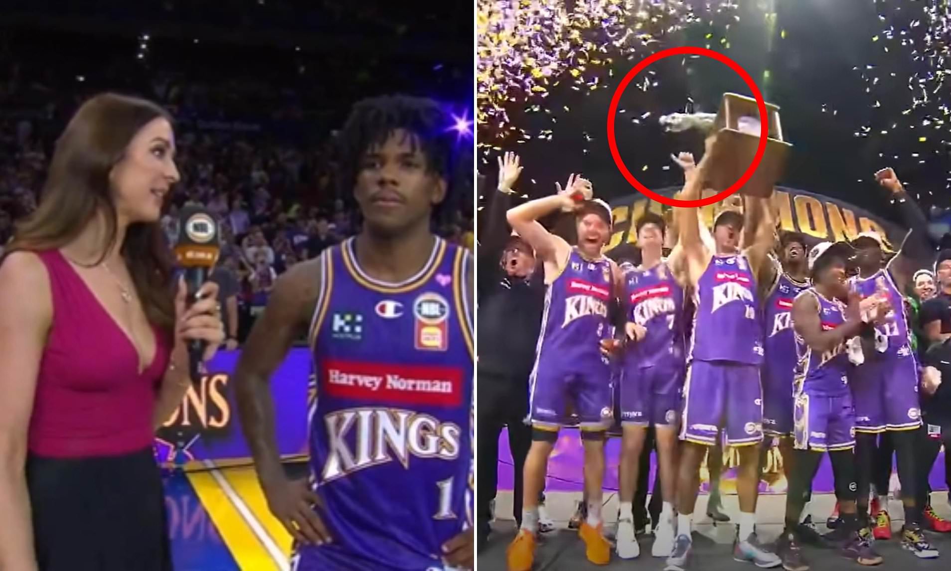 Awkward moment NBL Championship trophy breaks when it's hoisted up by victors the Sydney Kings