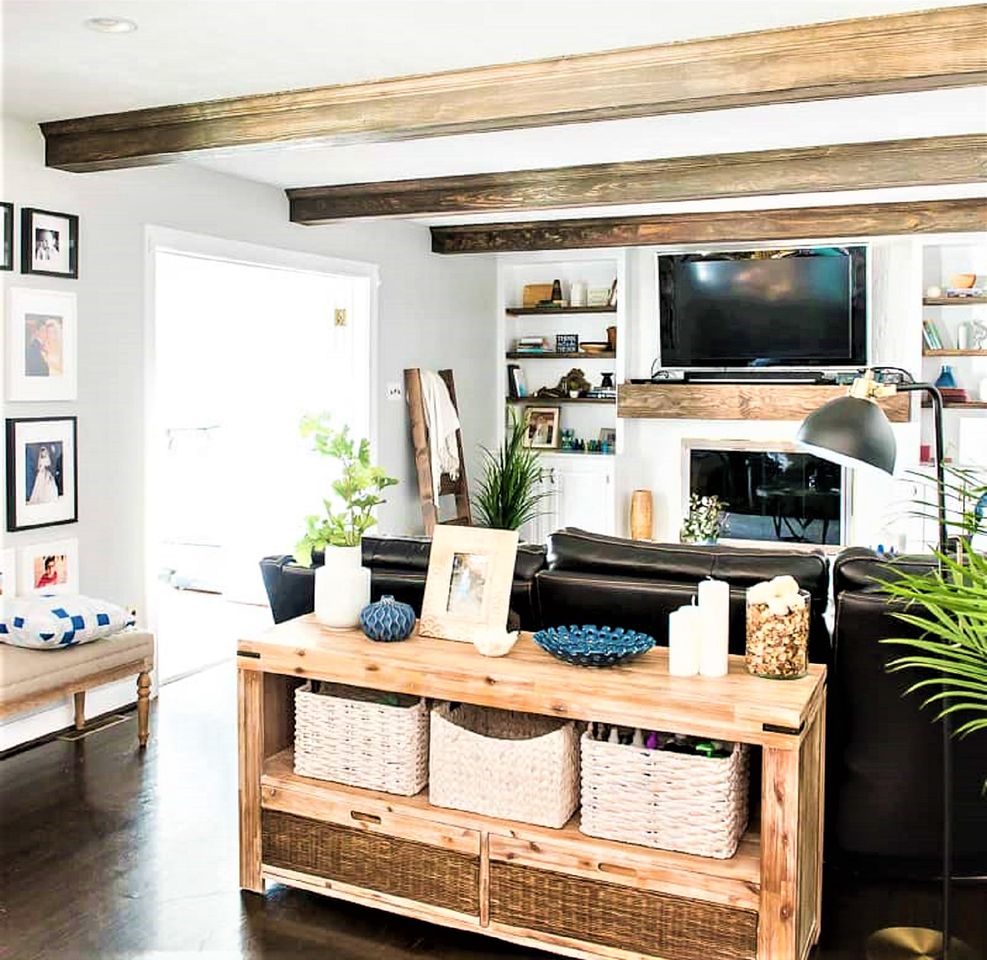 Living Room Makeover with Wood Ceiling Beams