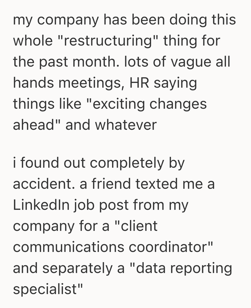 Employee finds job listing of both of her roles split up into entry ...