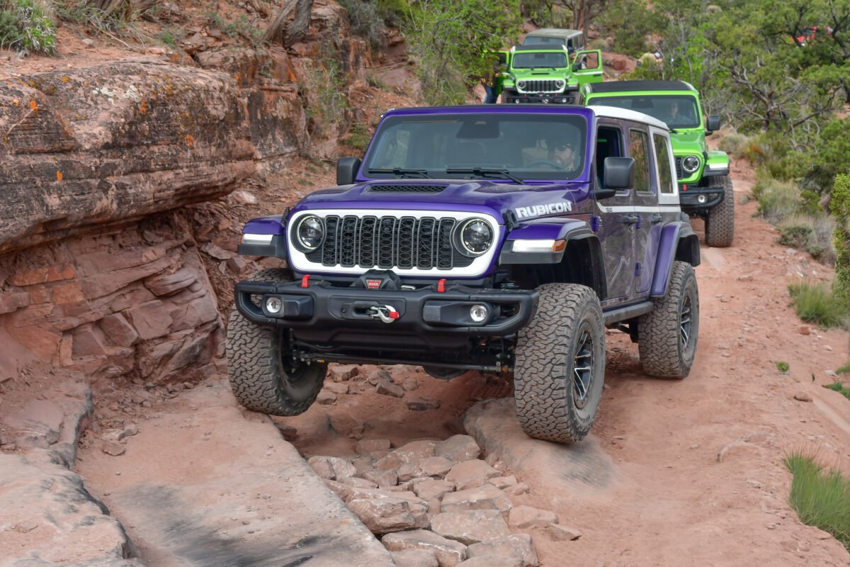 Four-wheeling a purple 2026 Jeep Wrangler Rubicon Whitecap in Moab ...
