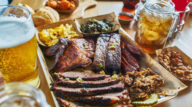 Table of Texas barbecue food and drinks