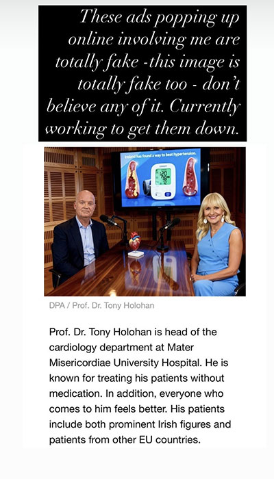 'Totally fake' Rte host warns fans of fake images with Professor Tony ...