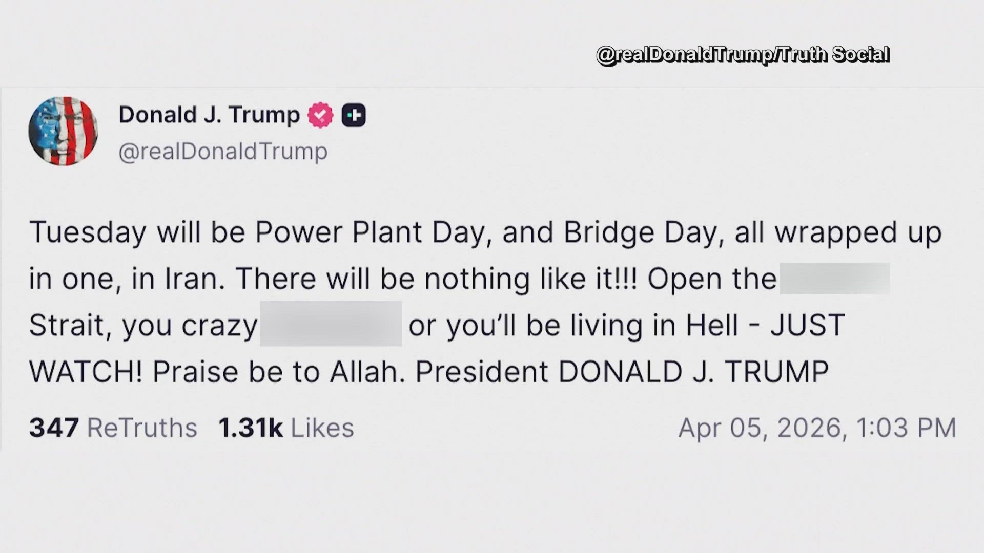 Trump issues fiery threat against Iran if it doesn't open Strait of Hormuz