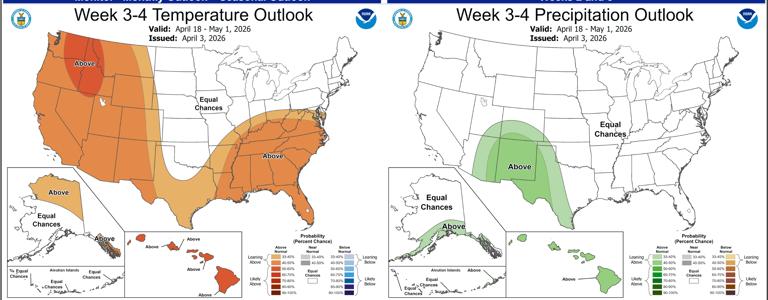 April forecast a mix of chilly, warm weather. Maps show weekly outlook.