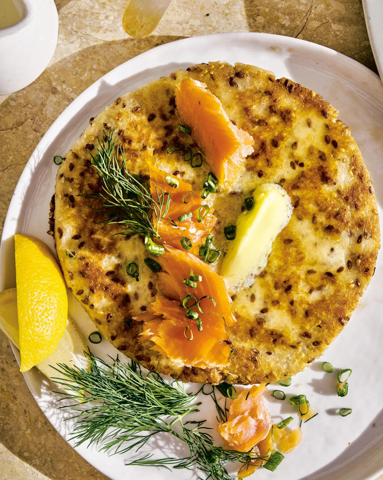 Rice arepas with smoked trout