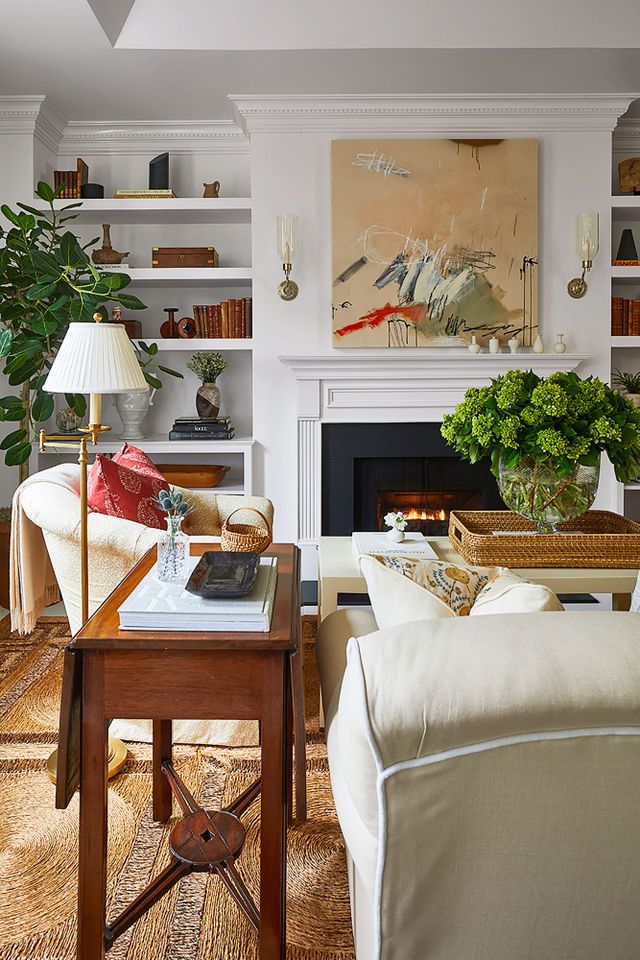 Neutral living room with pops of prints and textures