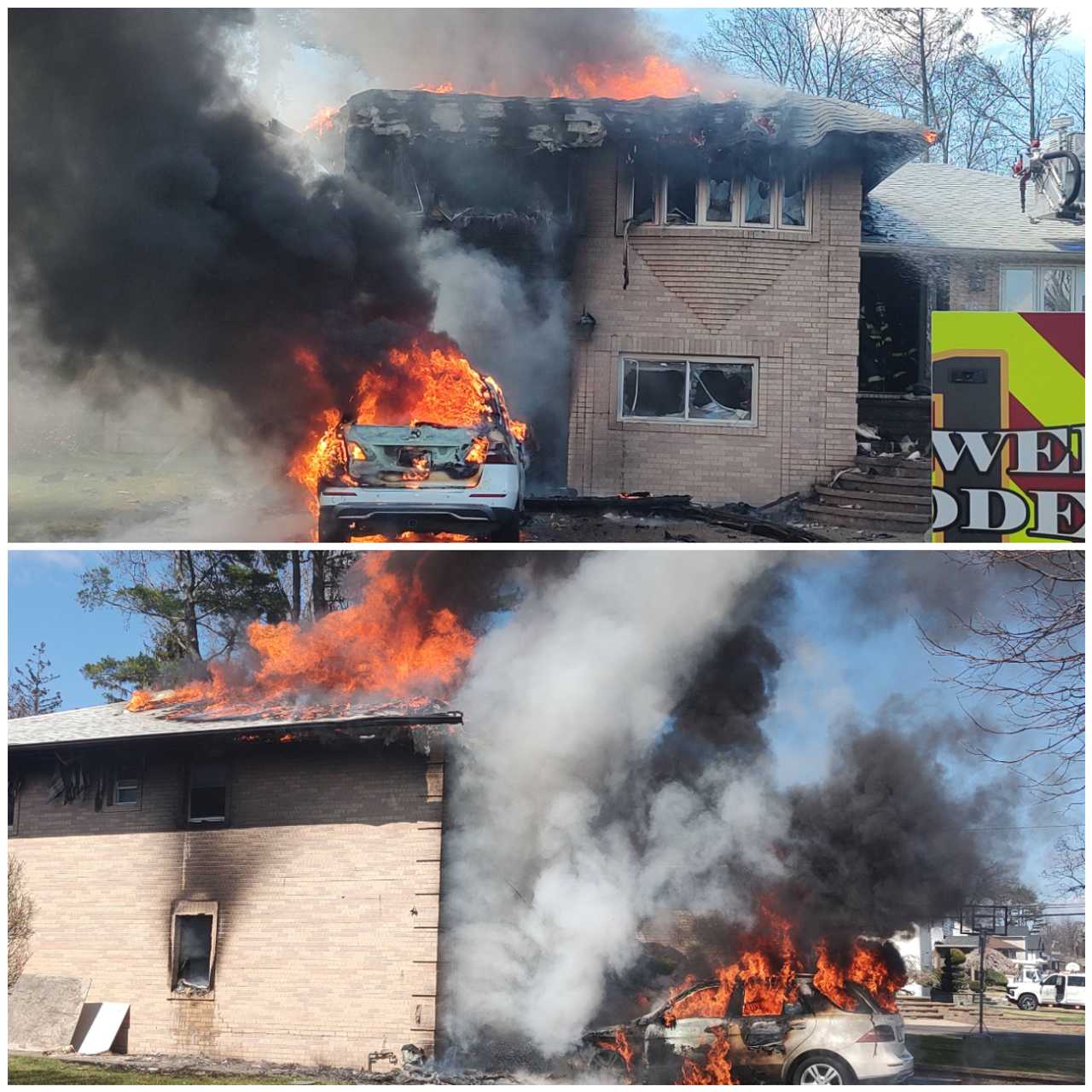 Long Island house fire erupts, also torches car