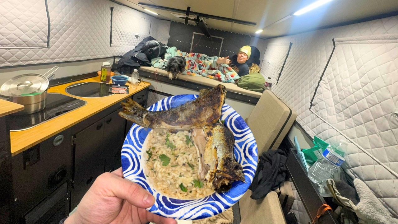 Overnight truck camping w/ my friend and his dog - Rainbow trout risotto