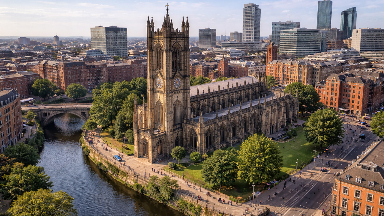 Vista aérea de la Catedral de Manchester y el río
