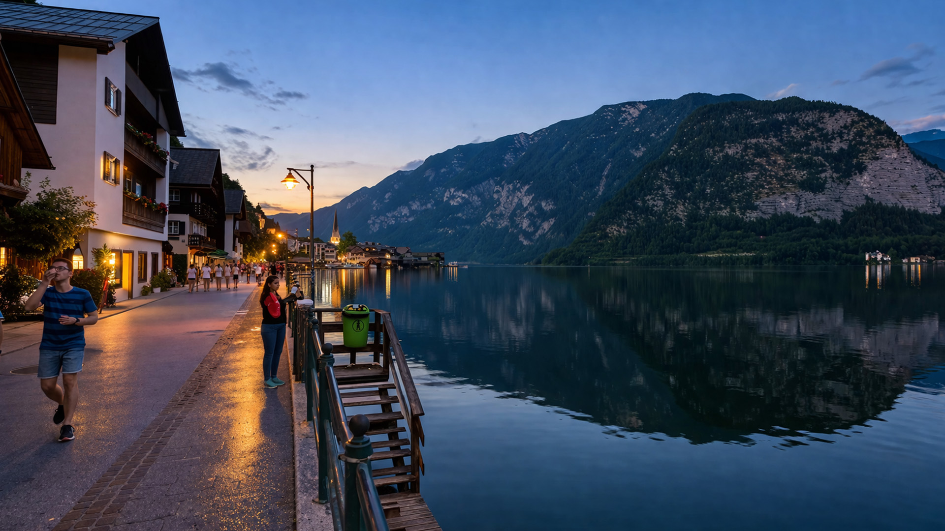Hallstatt Austria evening walk lakeside village (4K)