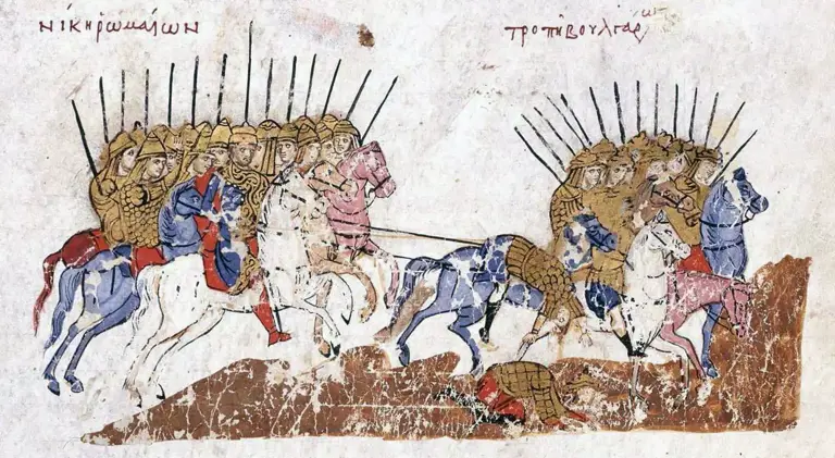 Carga de catafractos bizantinos ilustrada en en la Crónica de Juan Escilitzes (s.XI) donde puede apreciarse las lorigas de escamas y el pesado armamento de la caballería pesada imperial.