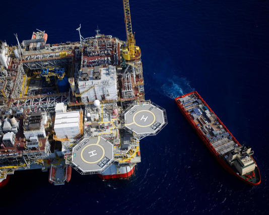 Chevron’s Jack/St Malo oil platform with a supply vessel in the Gulf of Mexico. Photograph: Luke Sharrett/Bloomberg via Getty