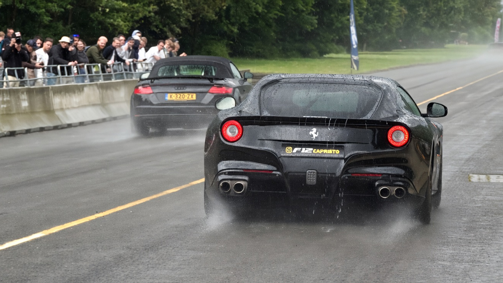 Ferrari F12 faces Audi TT RS on slippery drag race battle