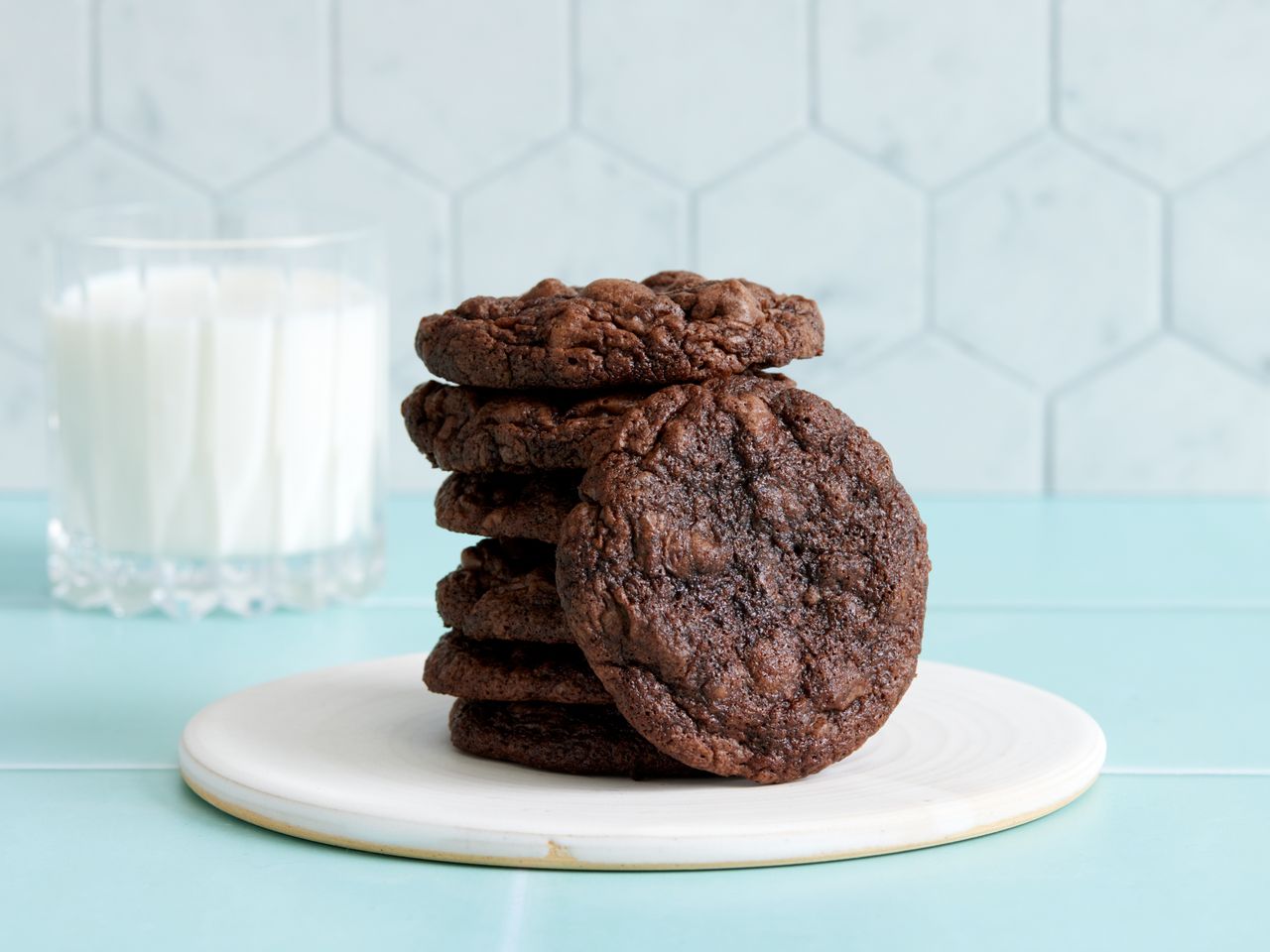 Double chocolate chip cookies on a plate.