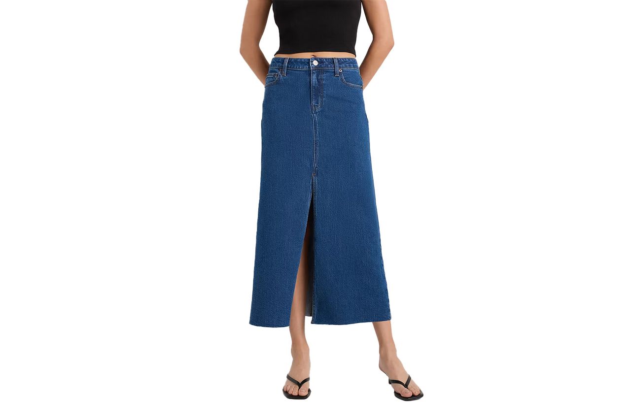 Stretch Denim 5-Pocket Midi Skirt