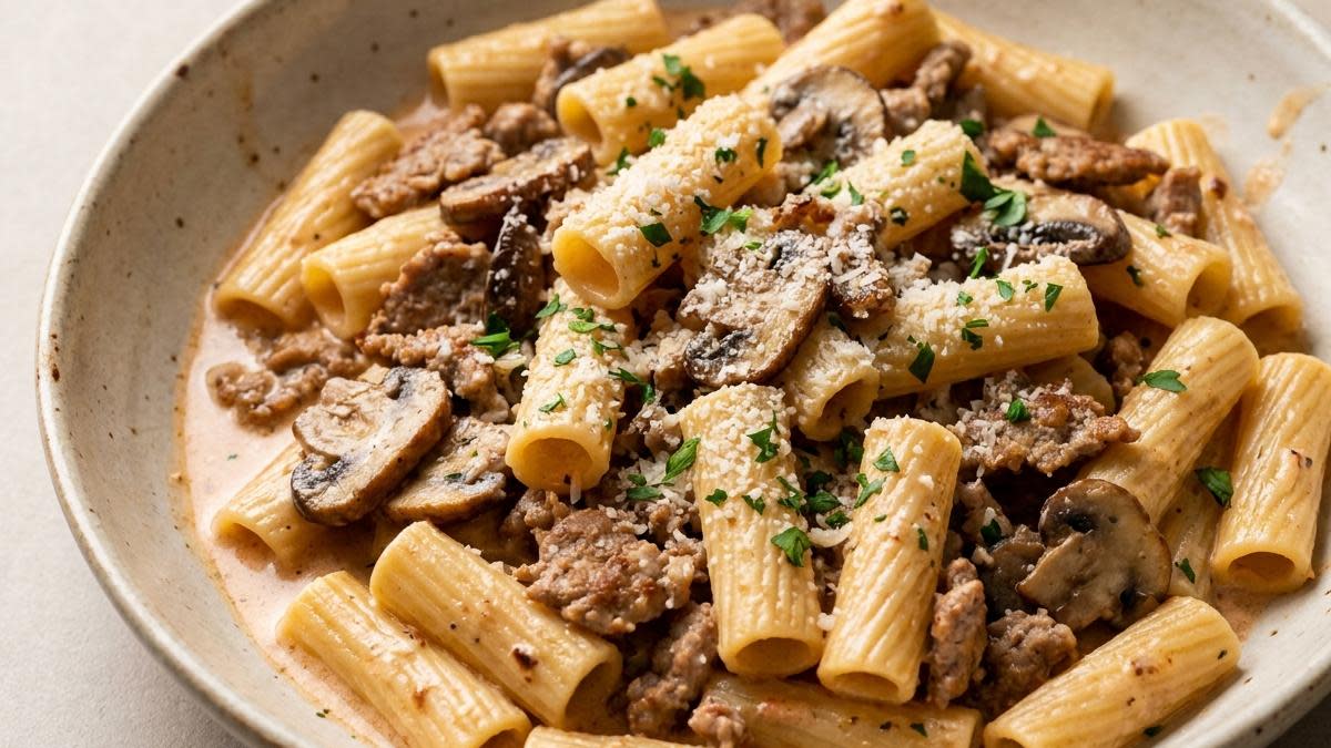 Creamy sausage mushroom rigatoni