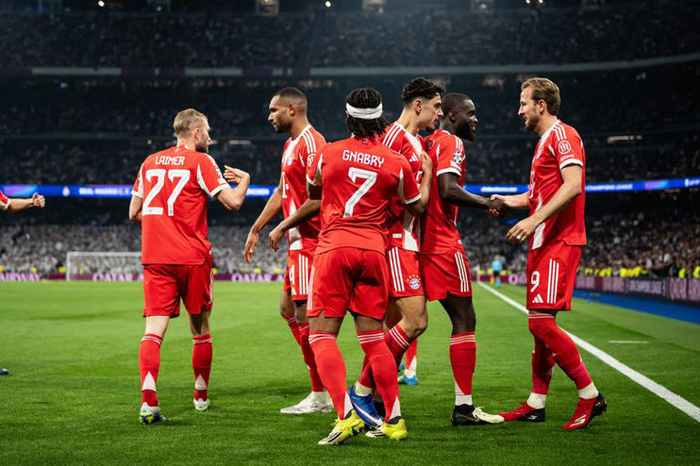 Bayern Munich celebrates after Harry Kane's goal against Real Madrid in the Champions League.