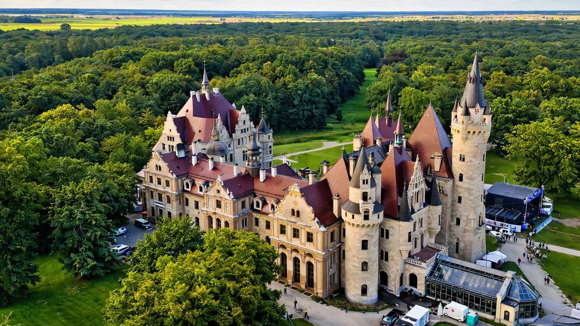 A castle with endless towers surrounded by forest