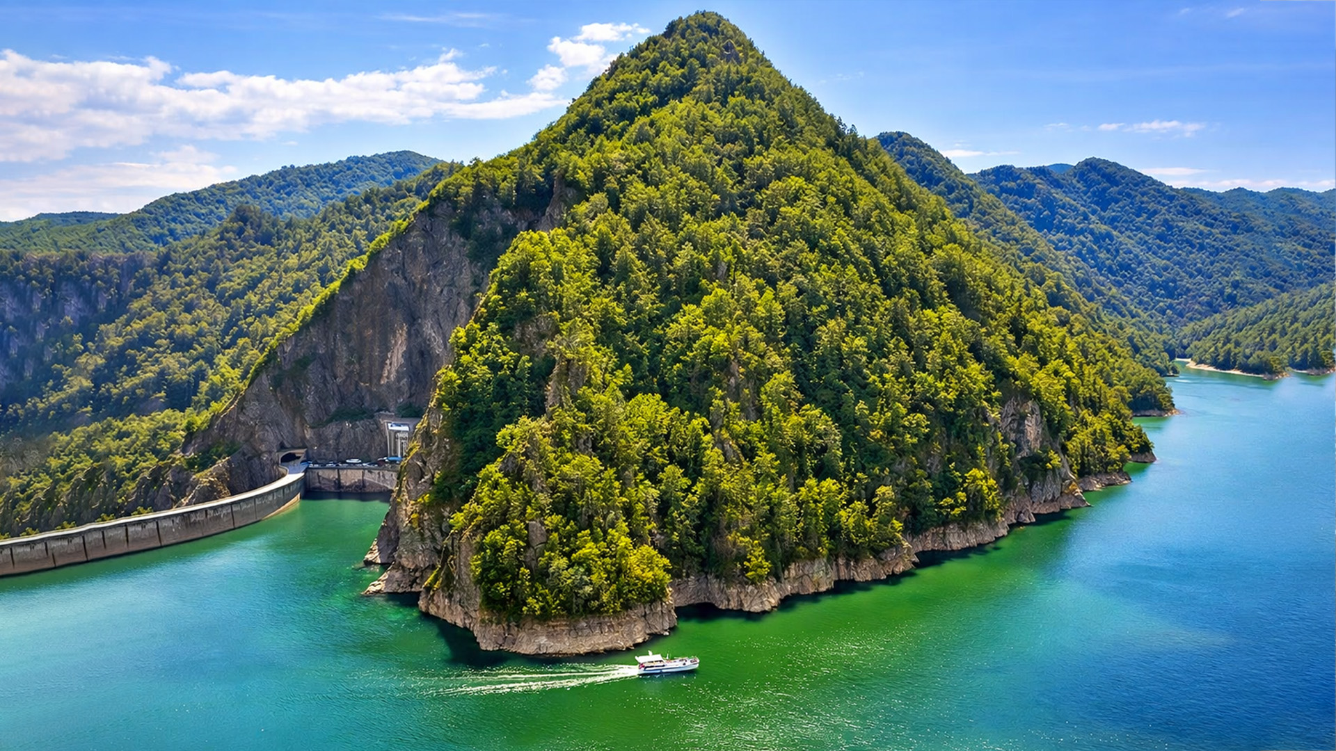 A green island sitting in the middle of a lake in Romania
