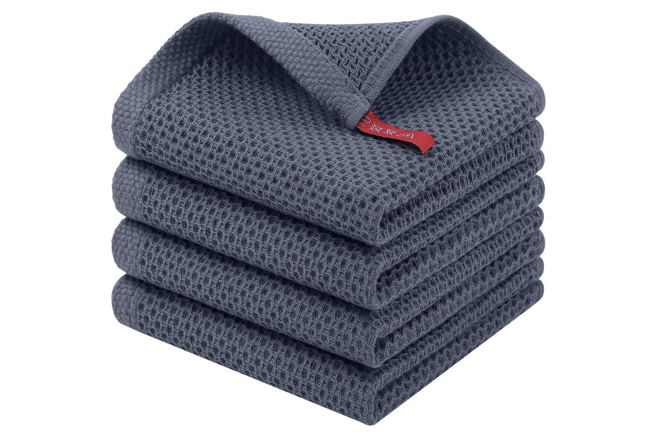 Homaxy 100% Cotton Waffle Weave Kitchen Dish Cloths, 4-Pack Ultra Soft Absorbent Dish Towels, Quick Drying Dish Rags, 12 x 12 Inches, Dark Grey