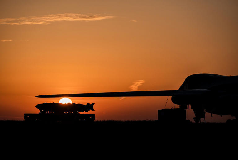 Ordnance under the wing of a US Air Force Rockwell B-1B Lancer bomber at RAF Fairford on April 8