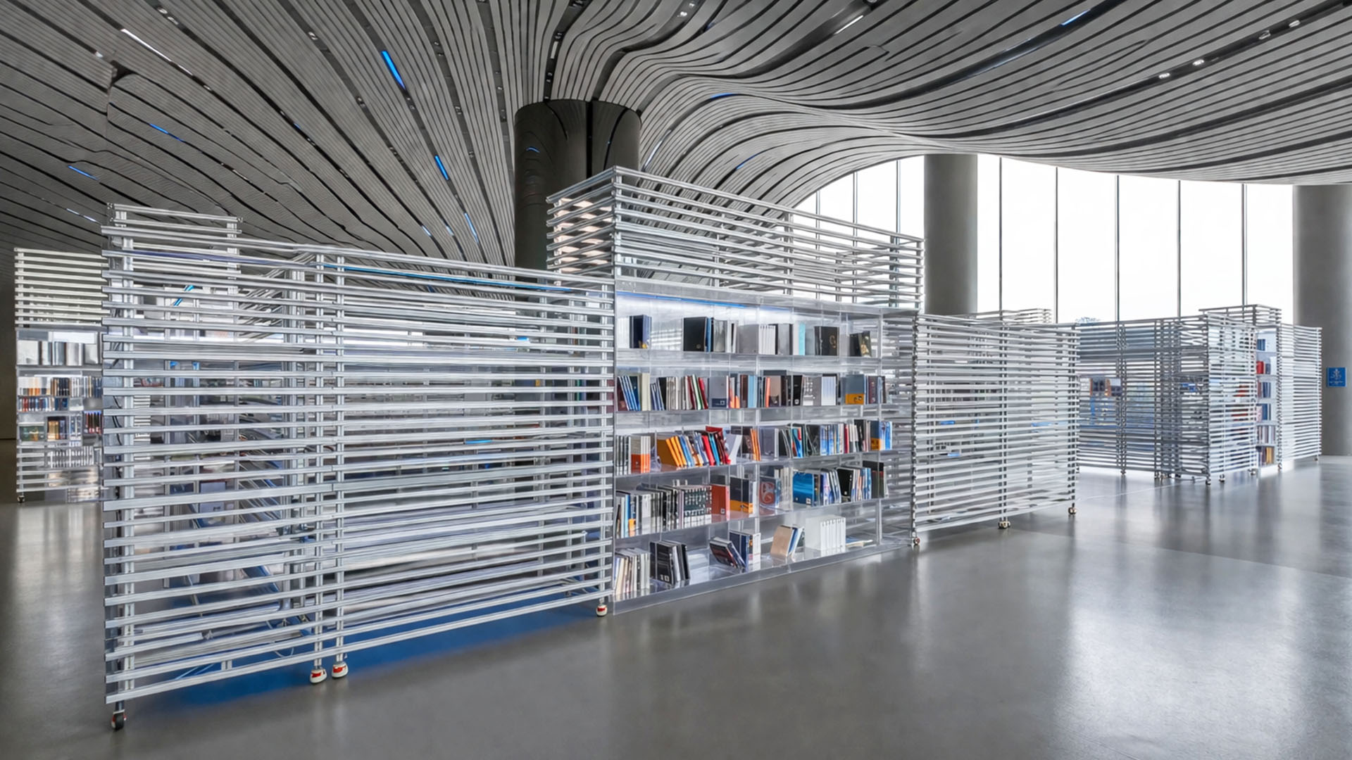 Moderne Bücherregale im Lesebereich des China Science Fiction Museum