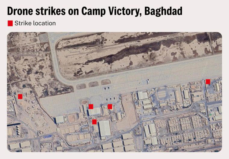 Camp Victory, which is the US military base outside Iraq’s capital, Baghdad, has been hit several times since the conflict began in February
