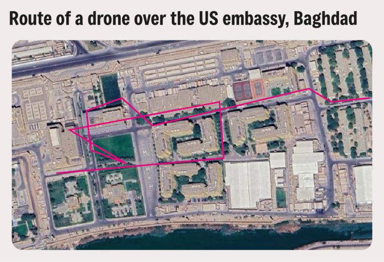An FPV drone flew for about a mile (1.6km) around the US embassy in Baghdad last month