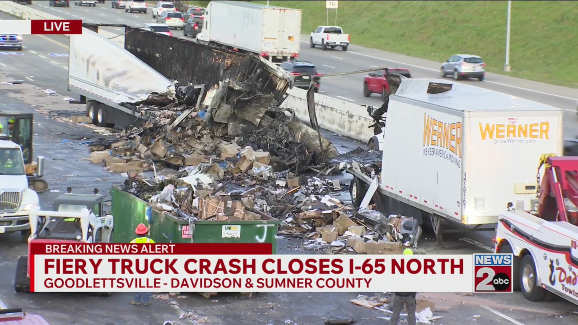 Crews continue to clear I-65 after crash involving 2 semi-trucks