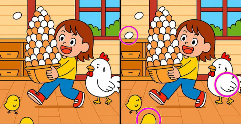 Spot 3 differences in girl carrying basket of eggs in just 45 seconds