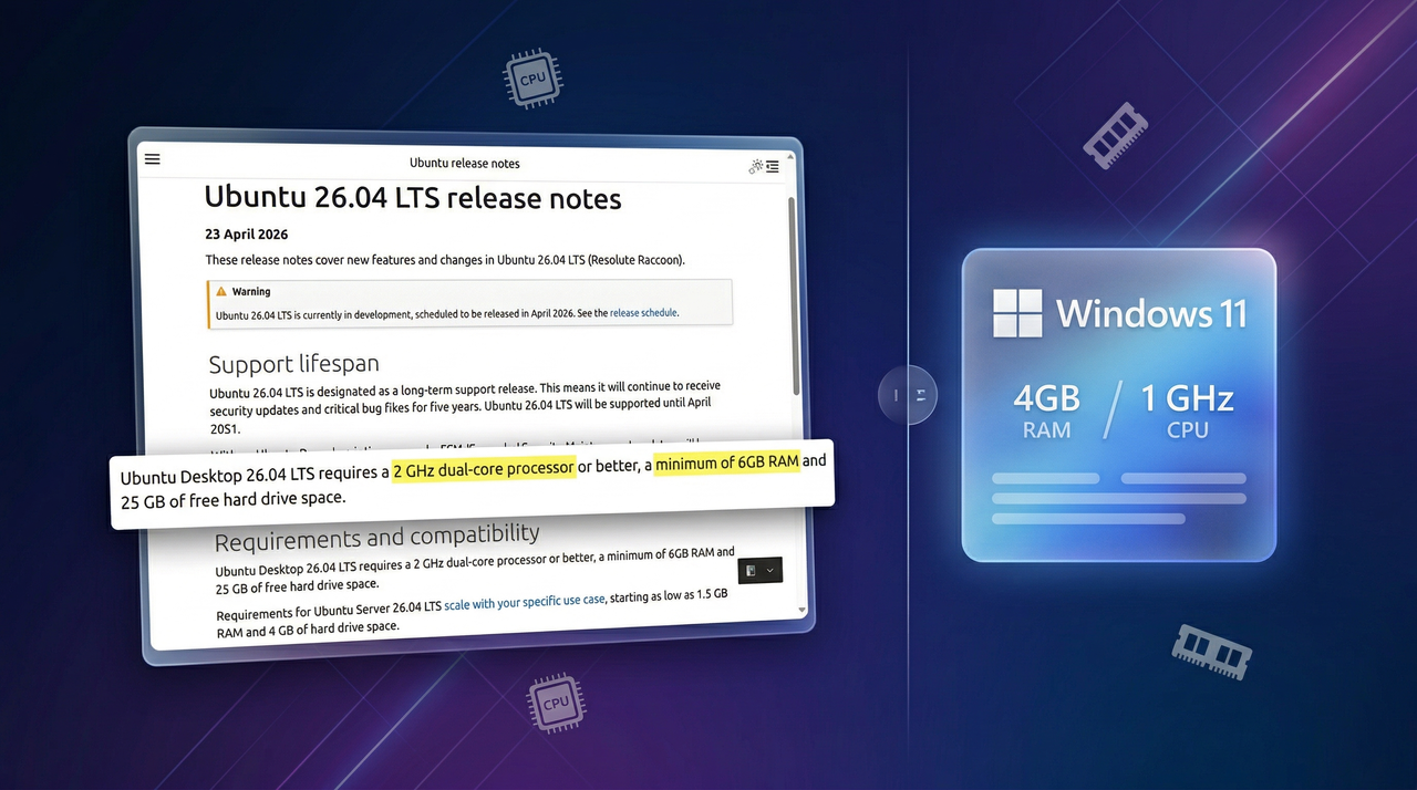 Windows 11 now needs less RAM and CPU than Ubuntu 26.04 LTS
