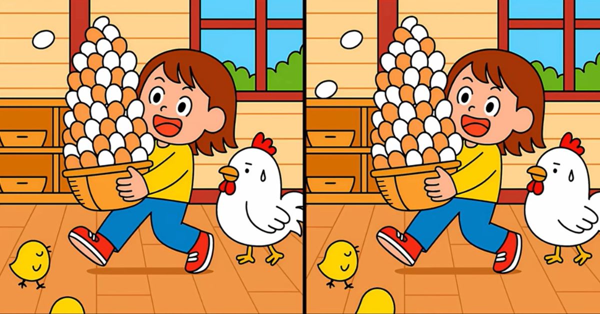 Spot 3 differences in girl carrying basket of eggs in just 45 seconds