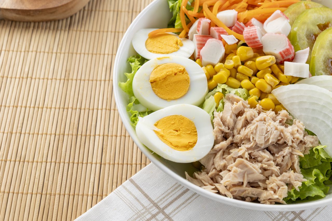 Hard boiled eggs in salad