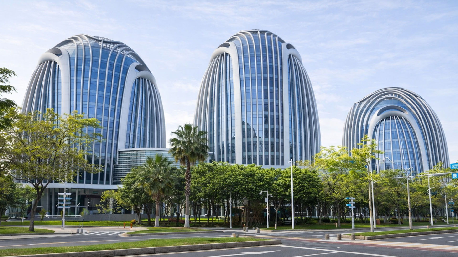 Architectural cluster in China shows towers with similar rounded design