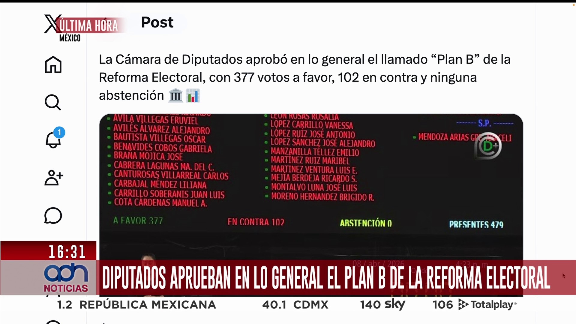 🚨¡Última hora! Diputados aprueban en lo general el "Plan B" de la ...