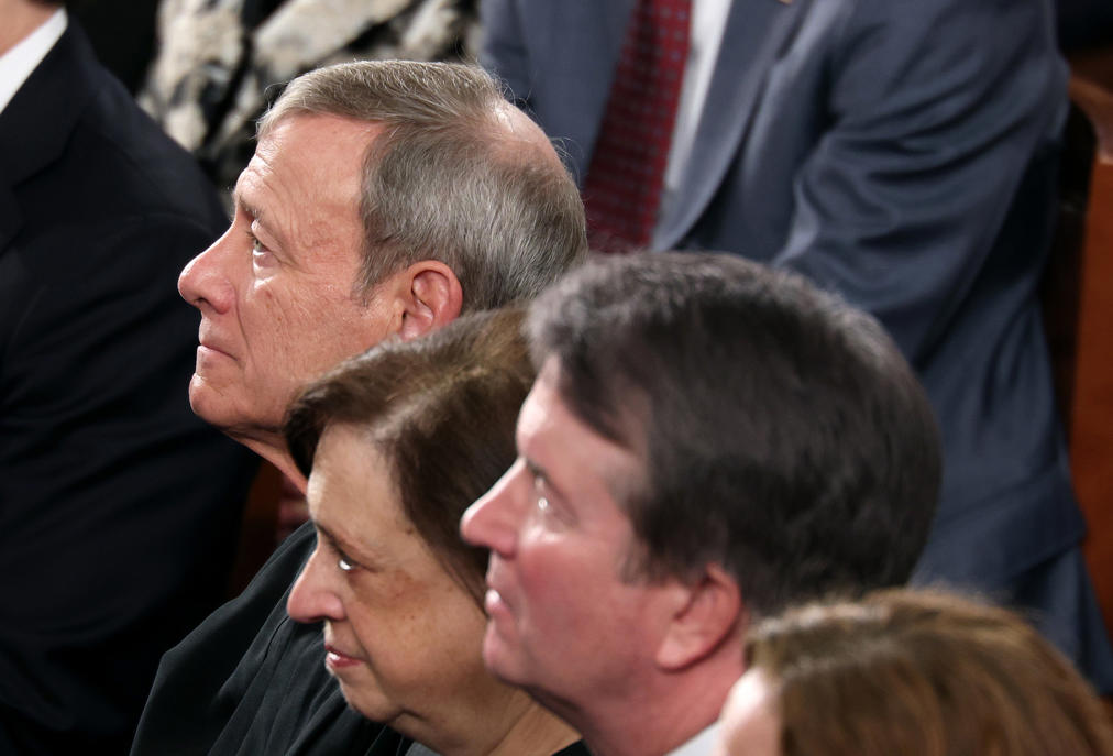WASHINGTON, DC - FEBRUARY 24: Supreme Court Chief Justice John Roberts, Associate Justice Elena Kagan and Associate Justice Brett Kavanaugh attend the State of the Union address during a Joint Session of Congress at the U.S. Capitol on February 24, 2026, in Washington, DC. Trump delivered his address days after the Supreme Court struck down the administration's tariff strategy and amid a U.S. military buildup in the Persian Gulf threatening Iran. (Photo by Win McNamee/Getty Images)