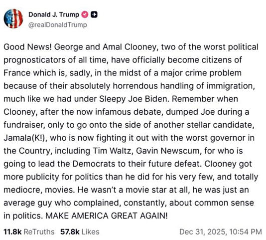 ترامب ينتقد كلوني Truth Social screenshot