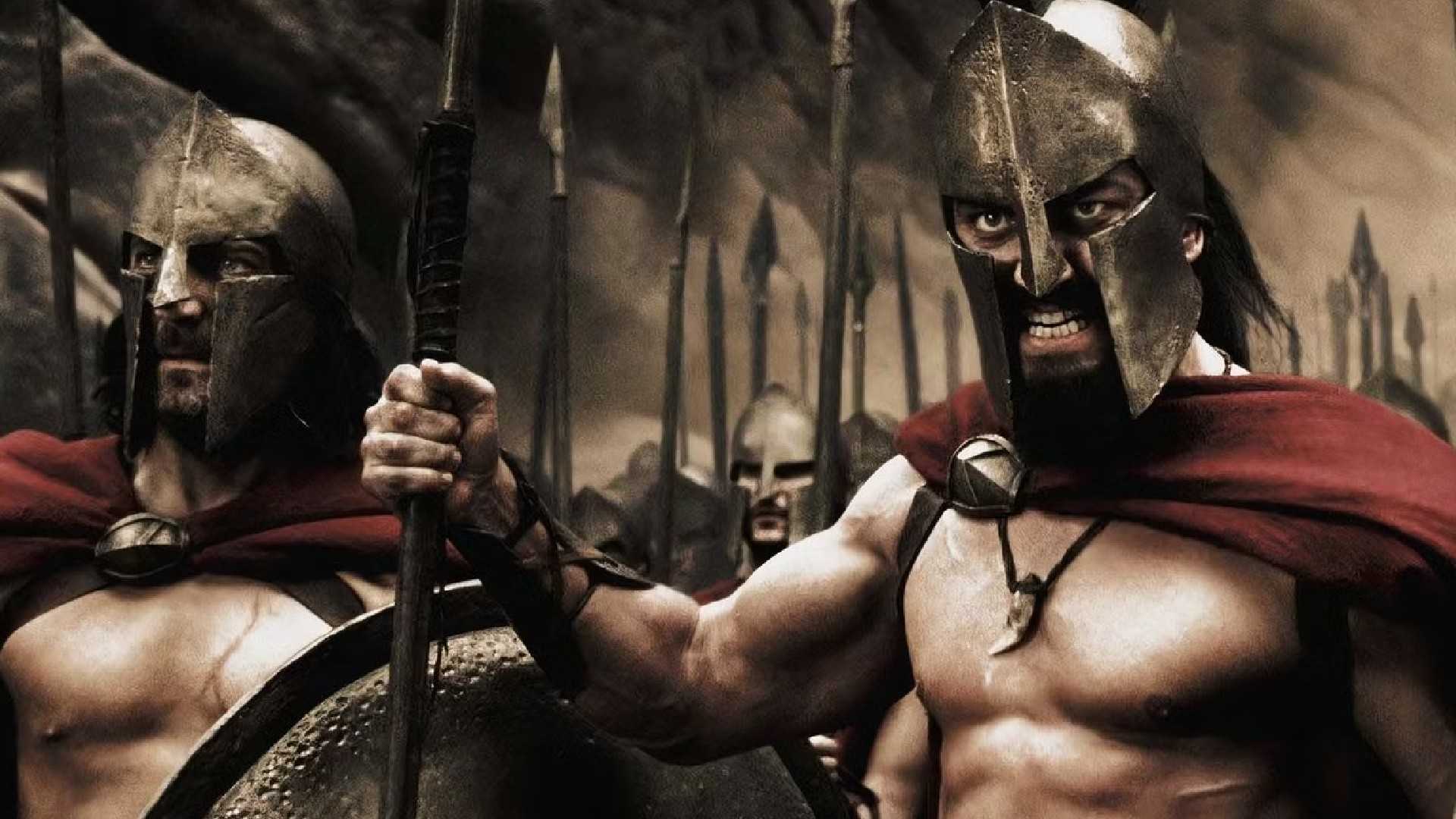 Spartans led by King Leonidas marching into battle in 300