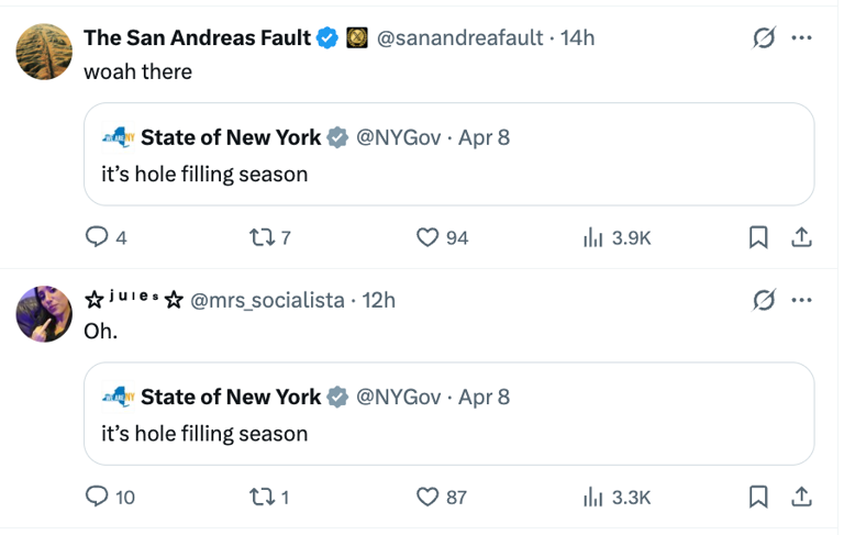 New York State's absolutely unhinged pothole post is going viral