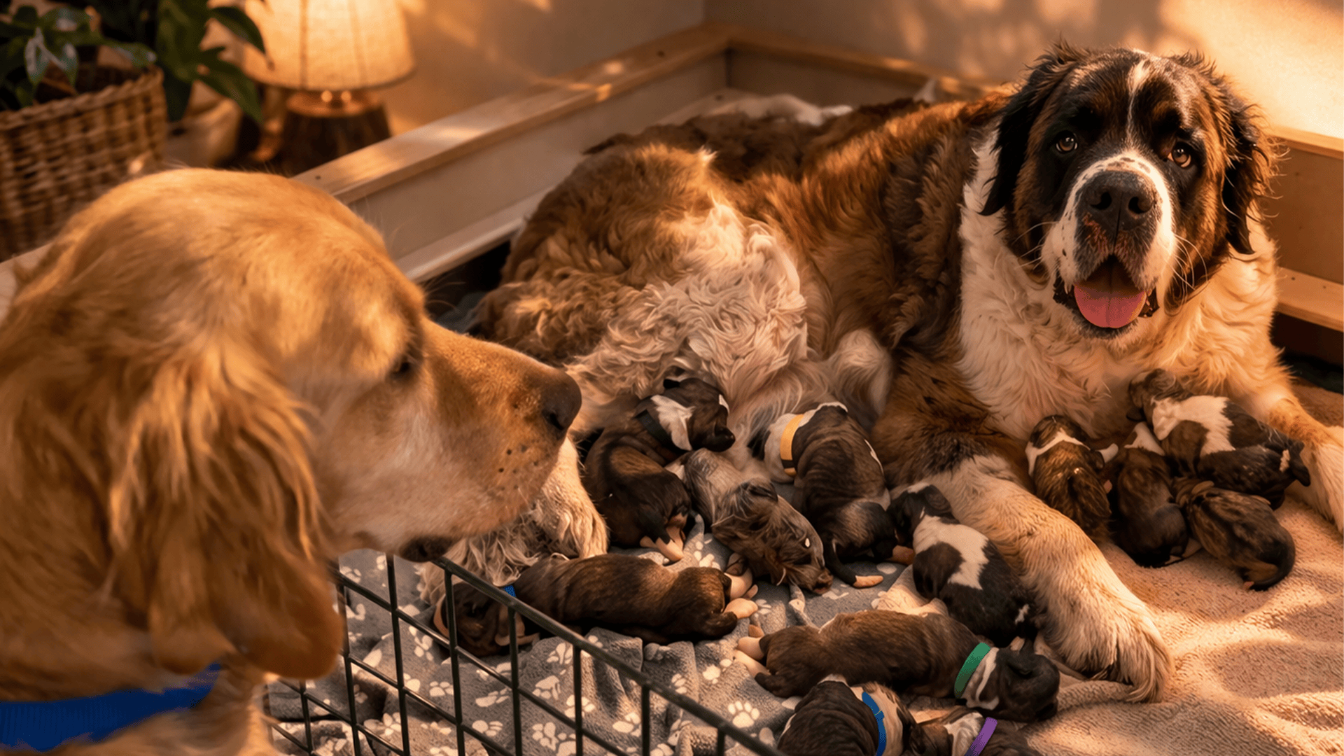 Golden retriever sees newborn rescue puppies and pauses