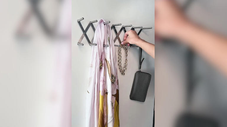 Turn a pot lid organizer into useful entryway storage