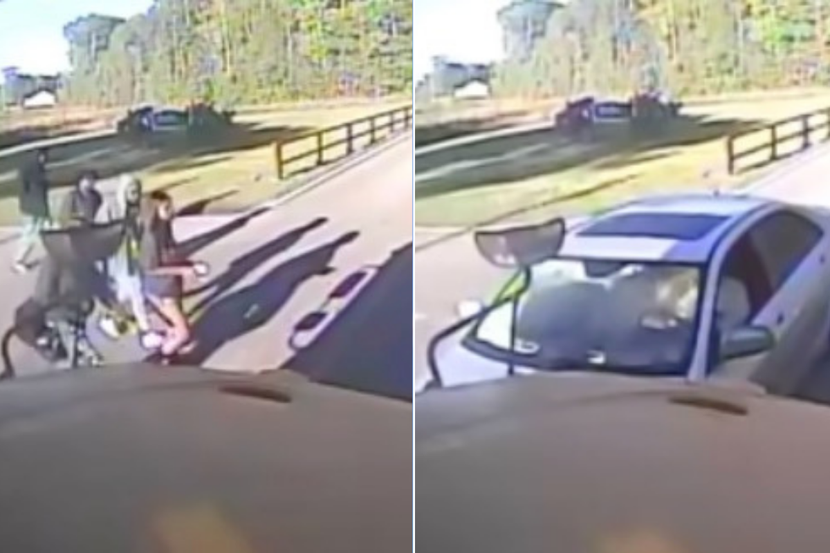 Driver runs straight into school bus as kids cross the road